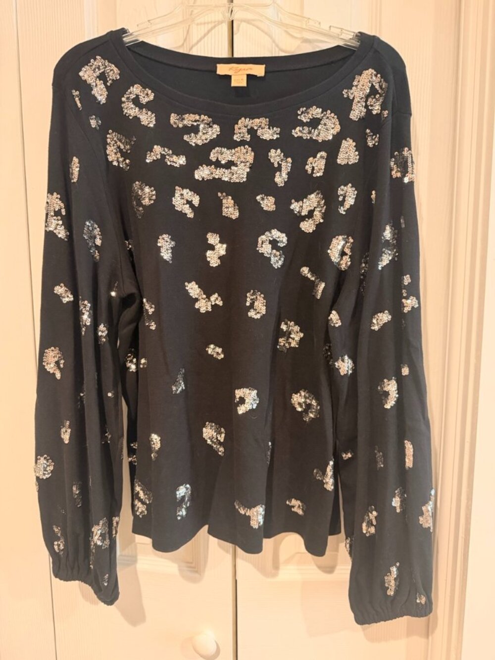 Anthropologie Kyra Black with Silver Sequin Leopard Print Sweatshirt Sweater